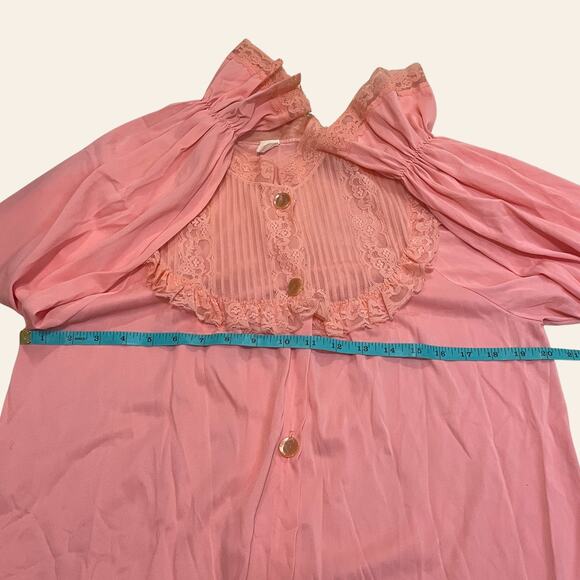 Vintage 60s Peignoir Set | Pink Nylon Nightgown + Robe, Lace Ruffles Cottage M/L - Picture 14 of 16